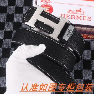Hermes Lychee Pattern Silver Buckle Men's Belt