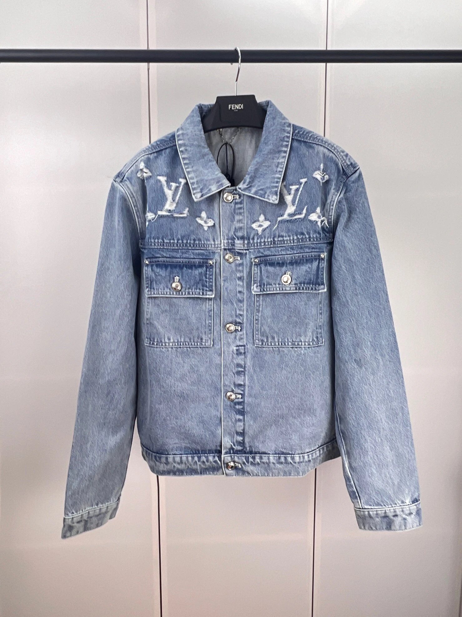 Louis Vuitton Monogram Denim Jacket with Distressed Wash and Holes