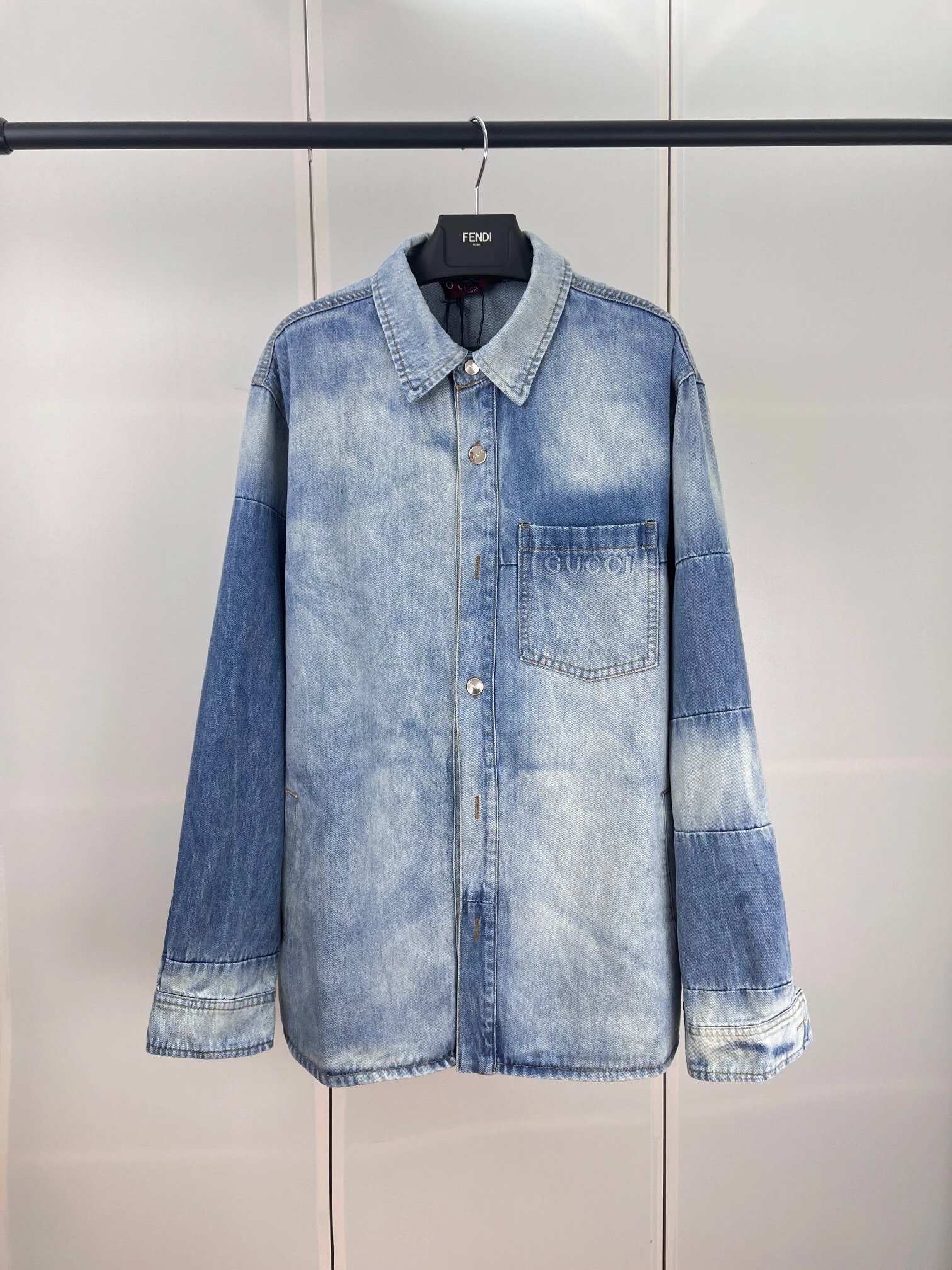 Gucci Washed Denim Shirt Jacket with Embossed Letter Pockets