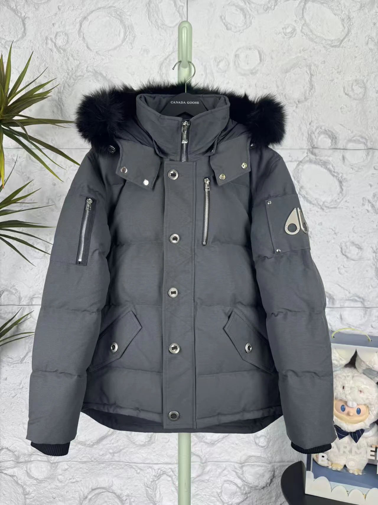 Moose Knuckles Gray Fur-Trim Down Jacket