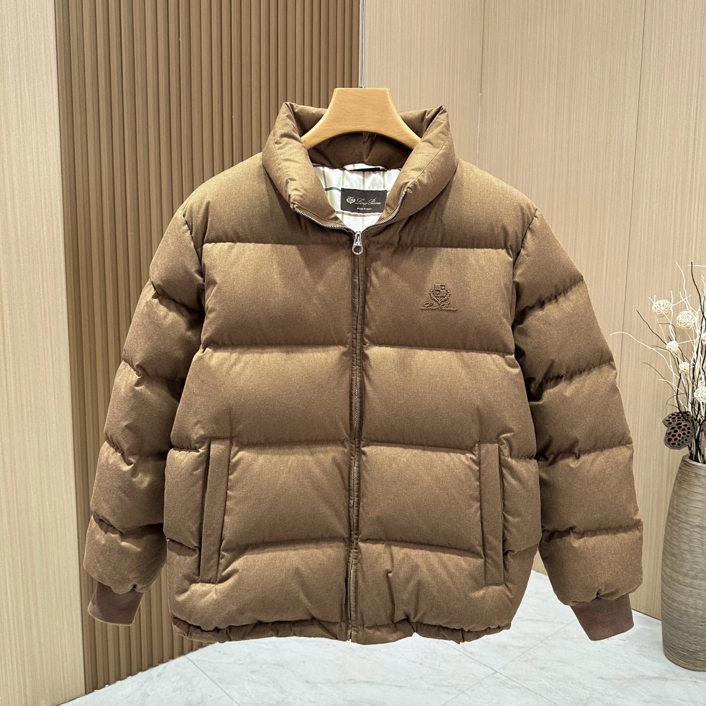 Loro Piana Camel Brown Short Stand-Up Collar Puffer Jacket