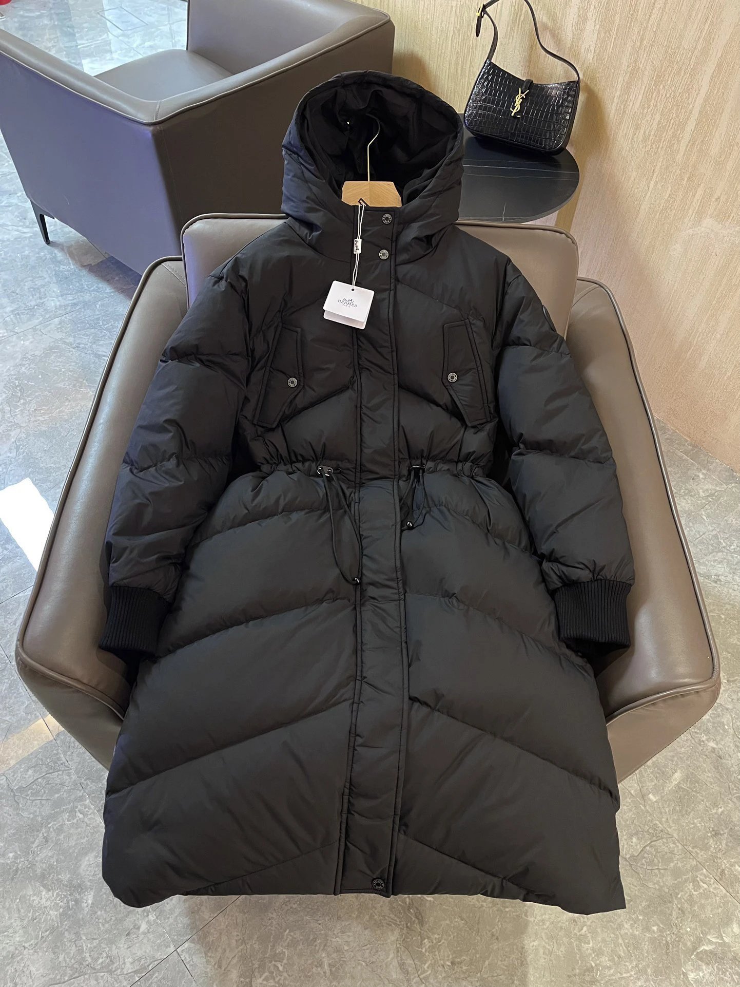 Hermes Long Hooded Down Jacket in Black