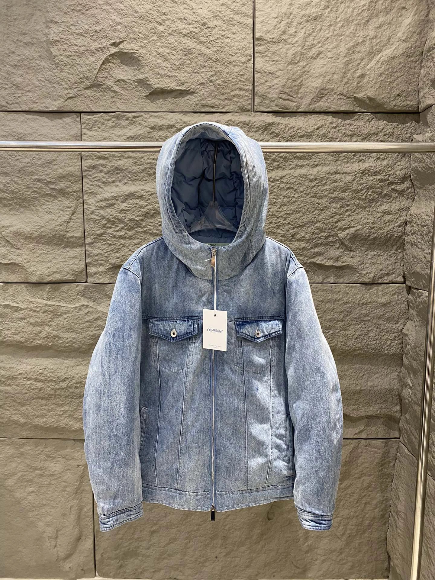 Off-White Light Blue Denim Hooded Down Jacket