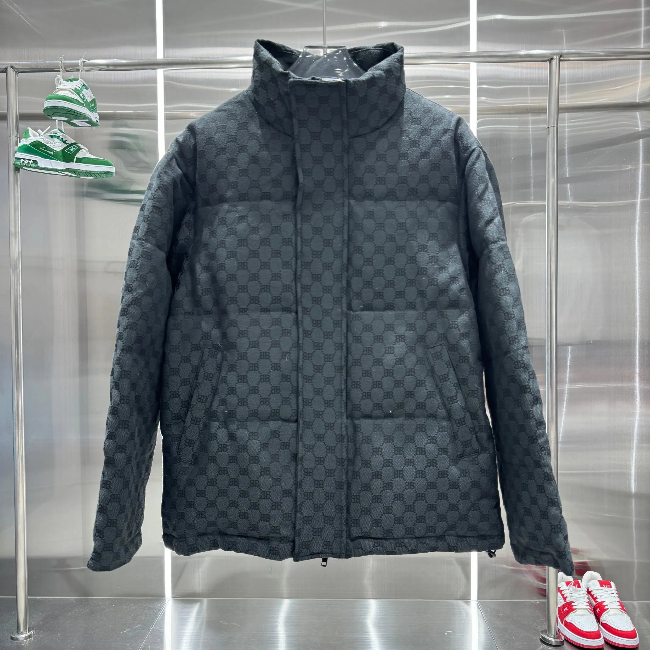 Balenciaga Dark Gray All-Over Print High-Neck Down Jacket