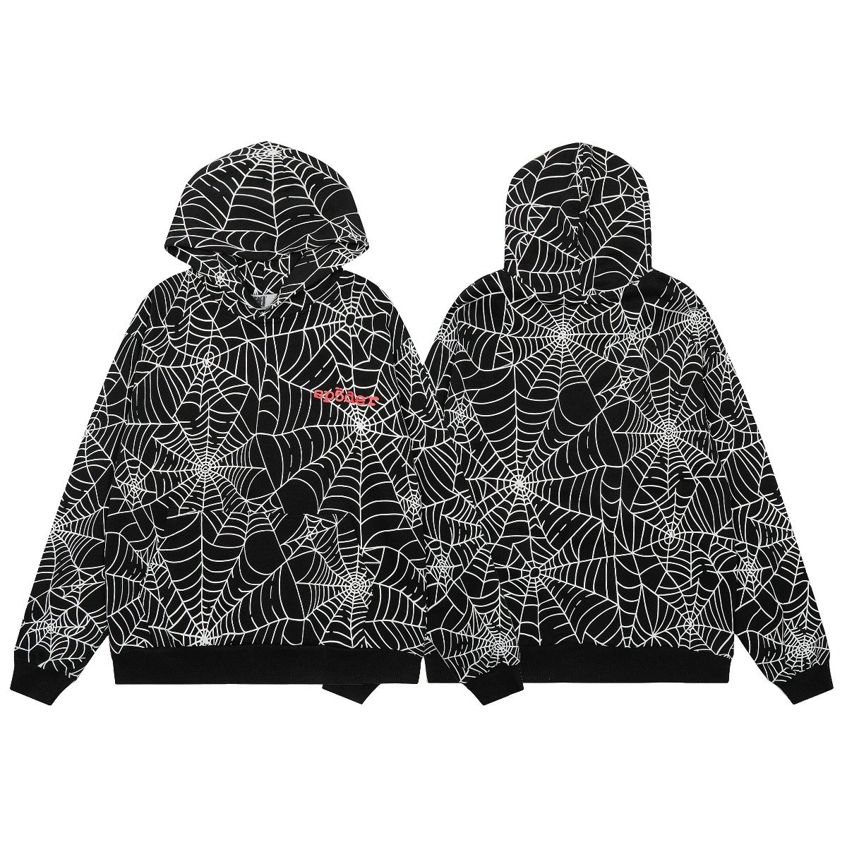 SP5DER Spider Web Streetwear Hoodie - Black
